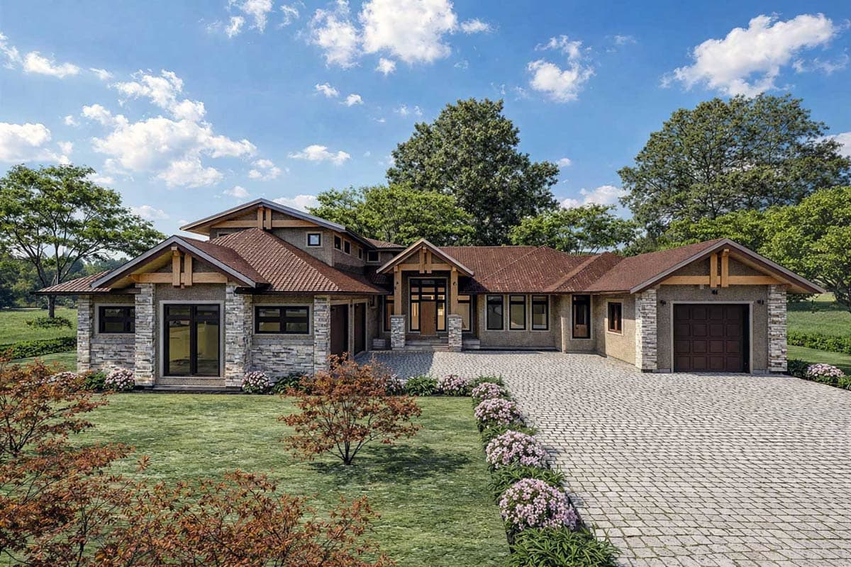 Modern Prairie style house plan exterior with stone accents, layered rooflines, and a two-car garage.