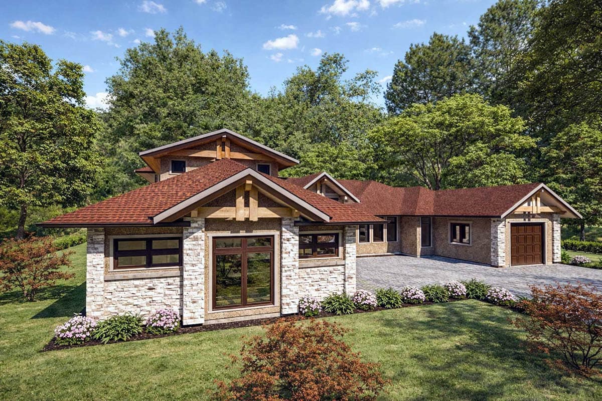 Modern Craftsman house plan exterior with stone and wood siding, prominent gables, wide eaves, and a three-car garage.