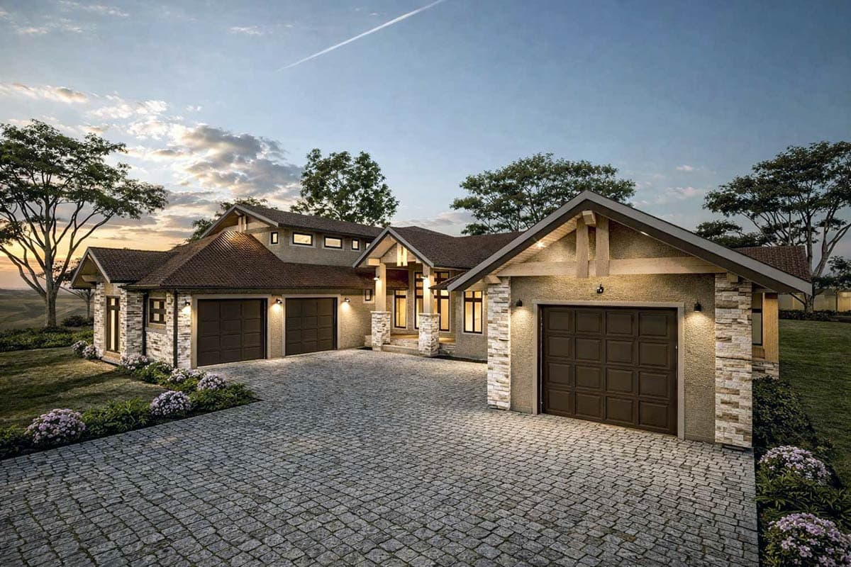 House plan exterior: Modern ranch with stone accents, multiple gables, and a four-car garage.