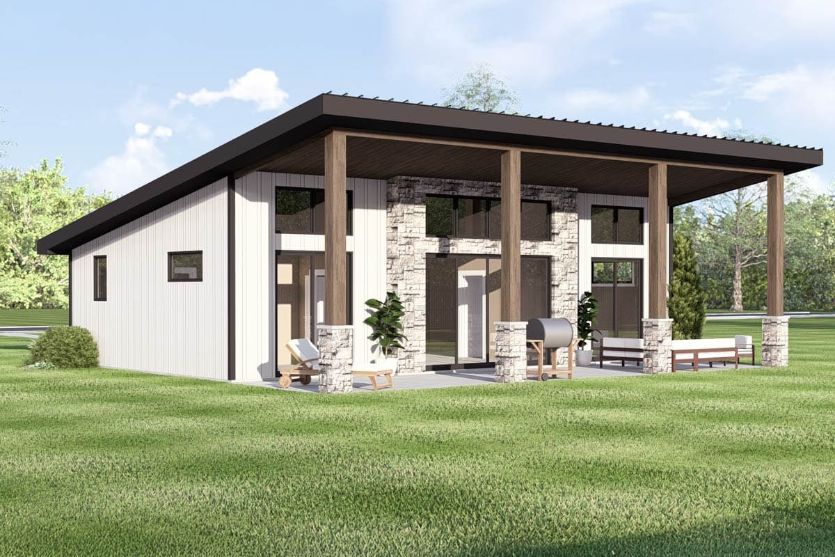 Modern house plan exterior with a low-slope roof, white vertical siding, stone accents, and large windows.