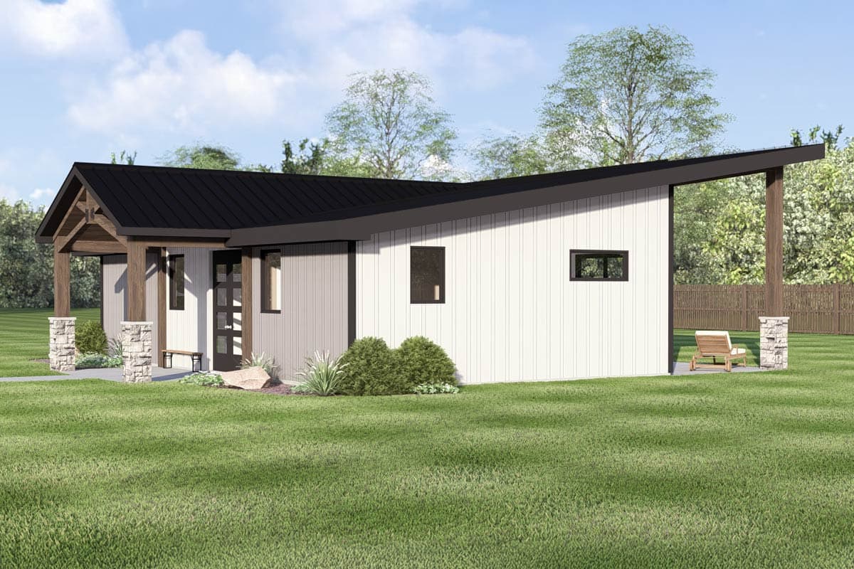 Modern house plan exterior with asymmetrical roofline, covered entry with timber supports, and stone pillar accents.