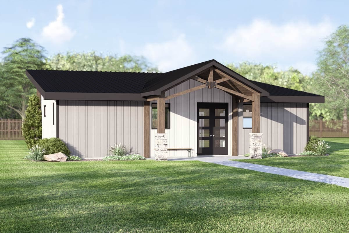 House plan exterior: Modern single-story with gable roof, wood beams, stone accents, and glass-paneled double doors.