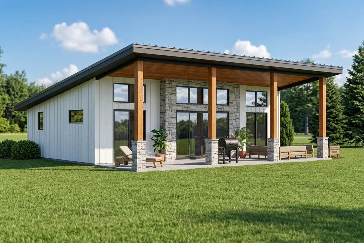 Modern house plan exterior with a low-slope roof, white vertical siding, stone accents, and large windows.