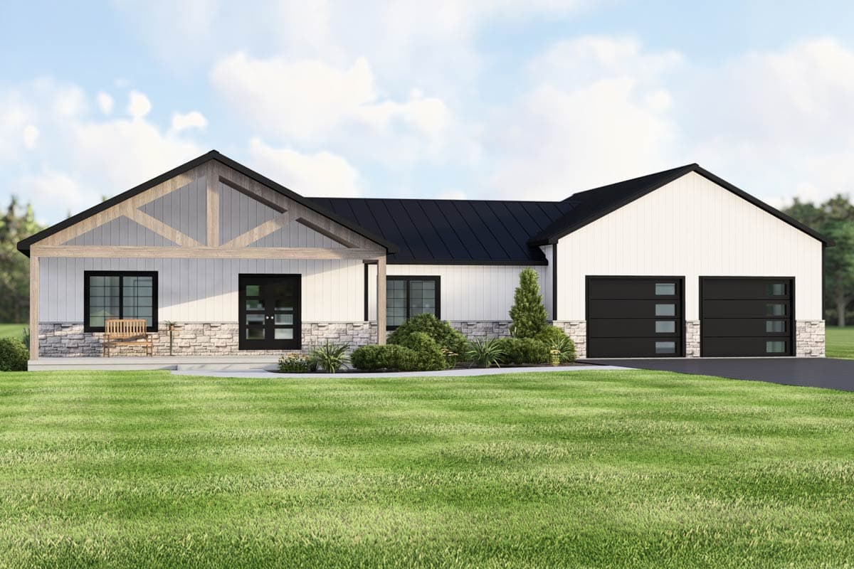 A modern farmhouse with a black roof, white siding, and a stone facade. The house has a two-car garage and a well-manicured lawn.