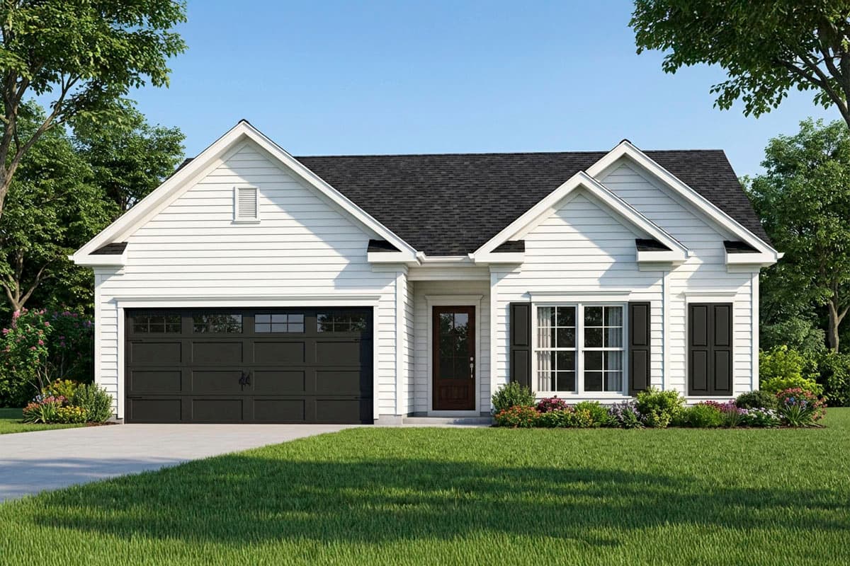 A white, single-story house with a black garage door and shutters sits on a green lawn. Trees frame the house, and a clear blue sky is overhead.