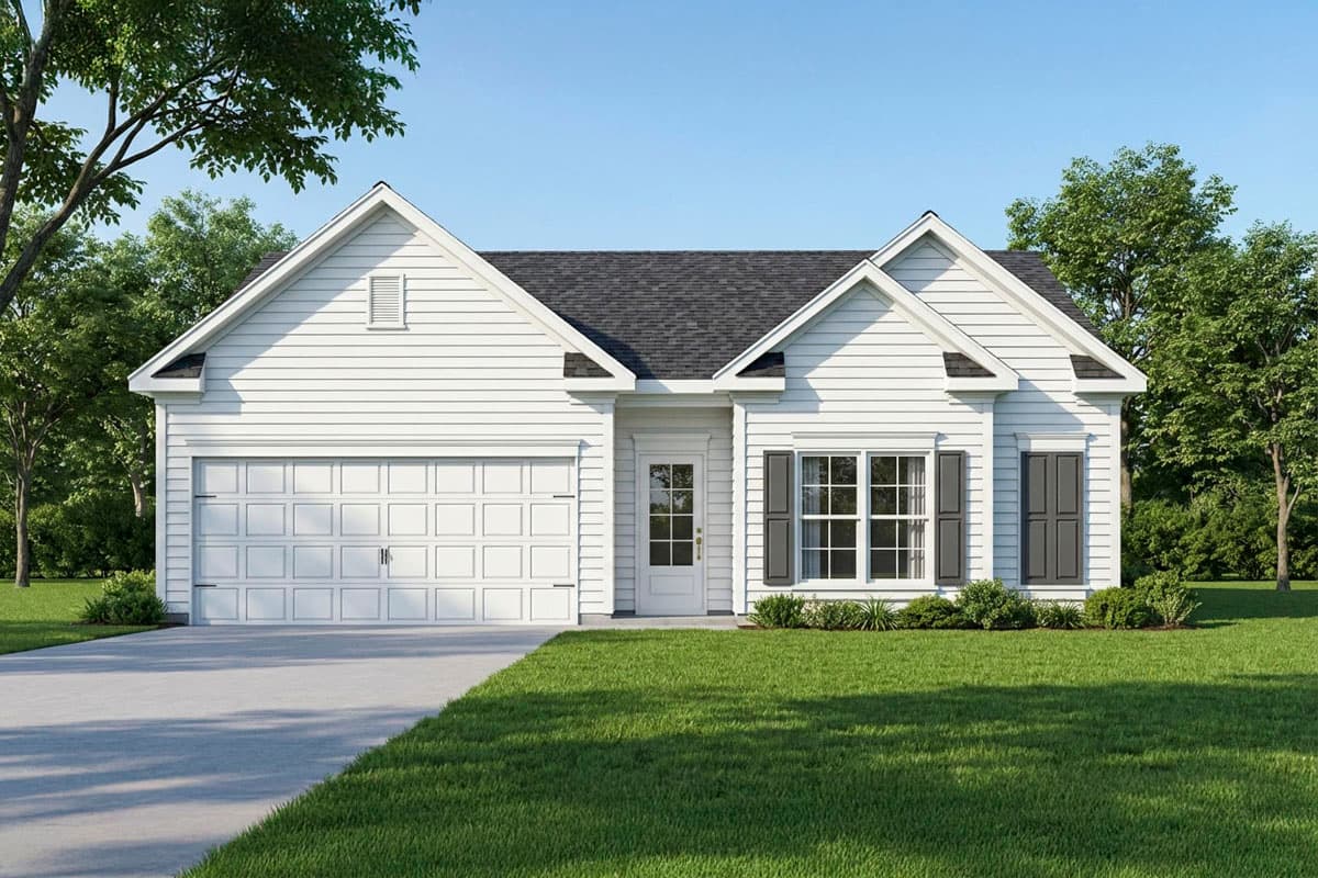 House plan exterior: one-story Modern Farmhouse with gable roof, vinyl siding, and attached two-car garage.