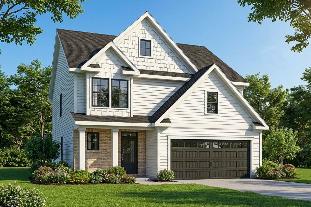 A modern two-story house with white siding, dark trim, and a prominent gable. It has a brick-covered porch and a dark garage door.