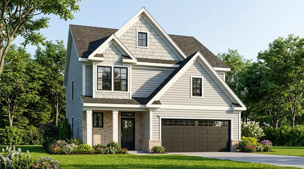 House plan exterior of a two-story modern farmhouse with horizontal siding, gables, dormers, brick accents, and a two-car garage.
