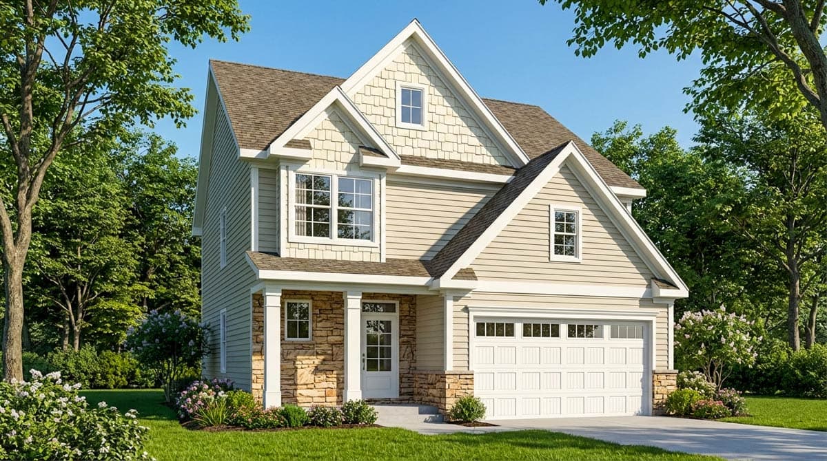 House plan exterior: Two-story home with gabled dormers, stone accents, covered entry porch, and attached two-car garage.