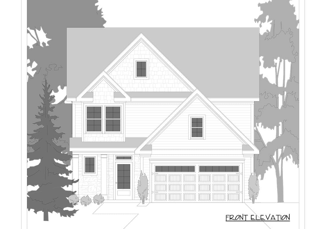Front elevation drawing of a two-story house plan featuring a prominent gable, dormer window, and a two-car garage.