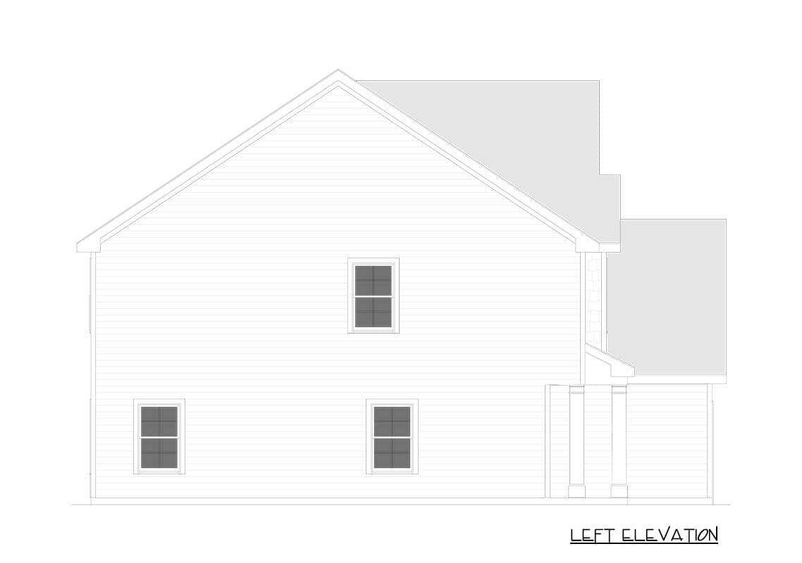 Left elevation of a two-story house plan featuring clapboard siding, a gable roof, and three windows.