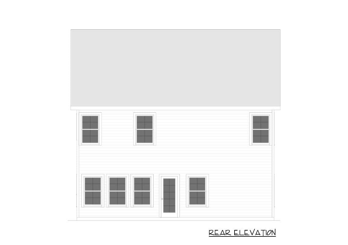 Rear elevation drawing of a two-story house plan showing multiple windows and a central door.