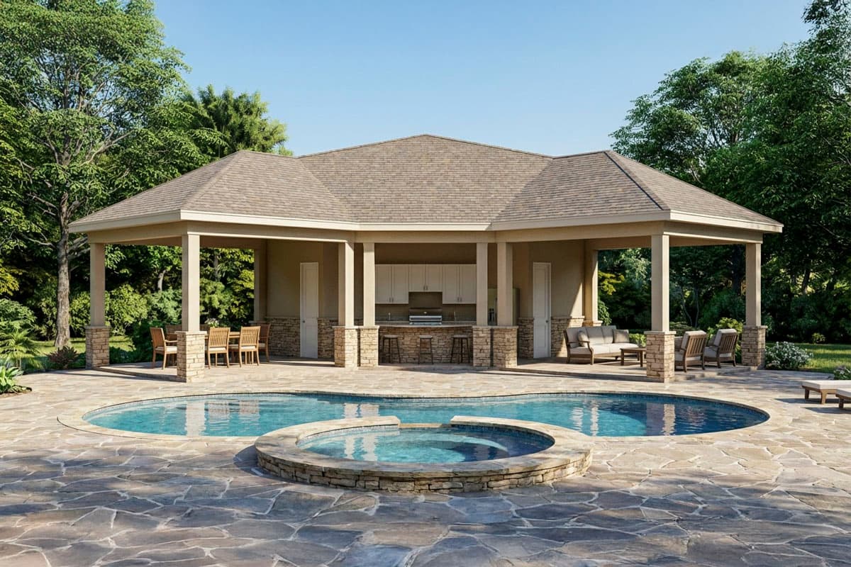 A luxury outdoor kitchen and seating area with a pool and hot tub. The space features a bar, sofas, chairs, and is surrounded by lush greenery.