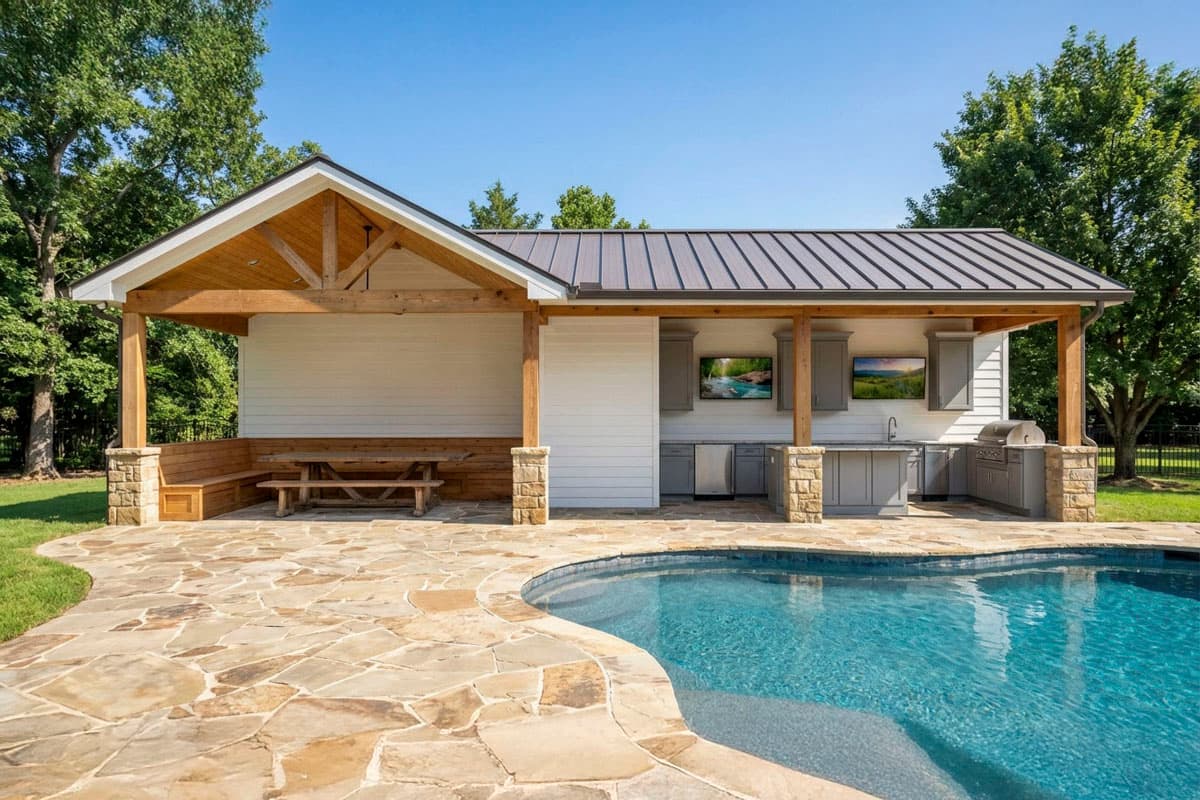 Covered outdoor kitchen and dining area with grill, sink, picnic table, and metal roof.