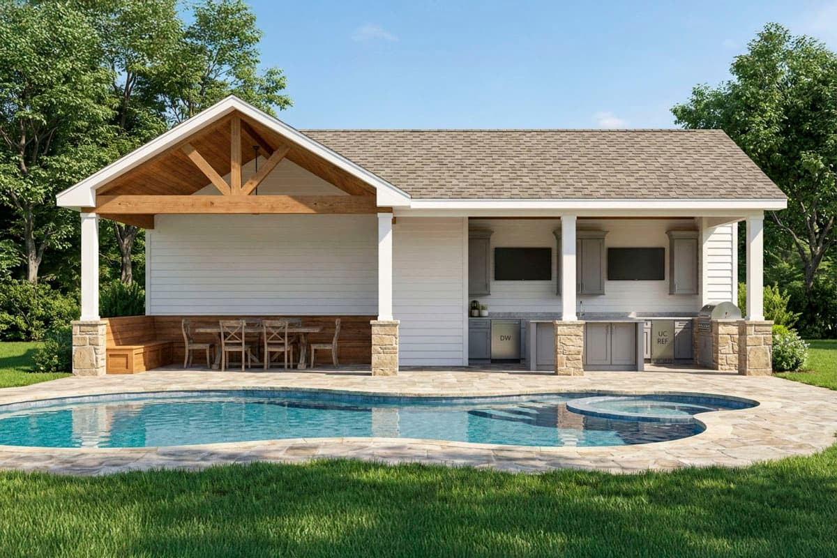 A luxurious outdoor living space with a pool and built-in kitchen. The covered patio features a dining area and two TVs, with trees in the background.