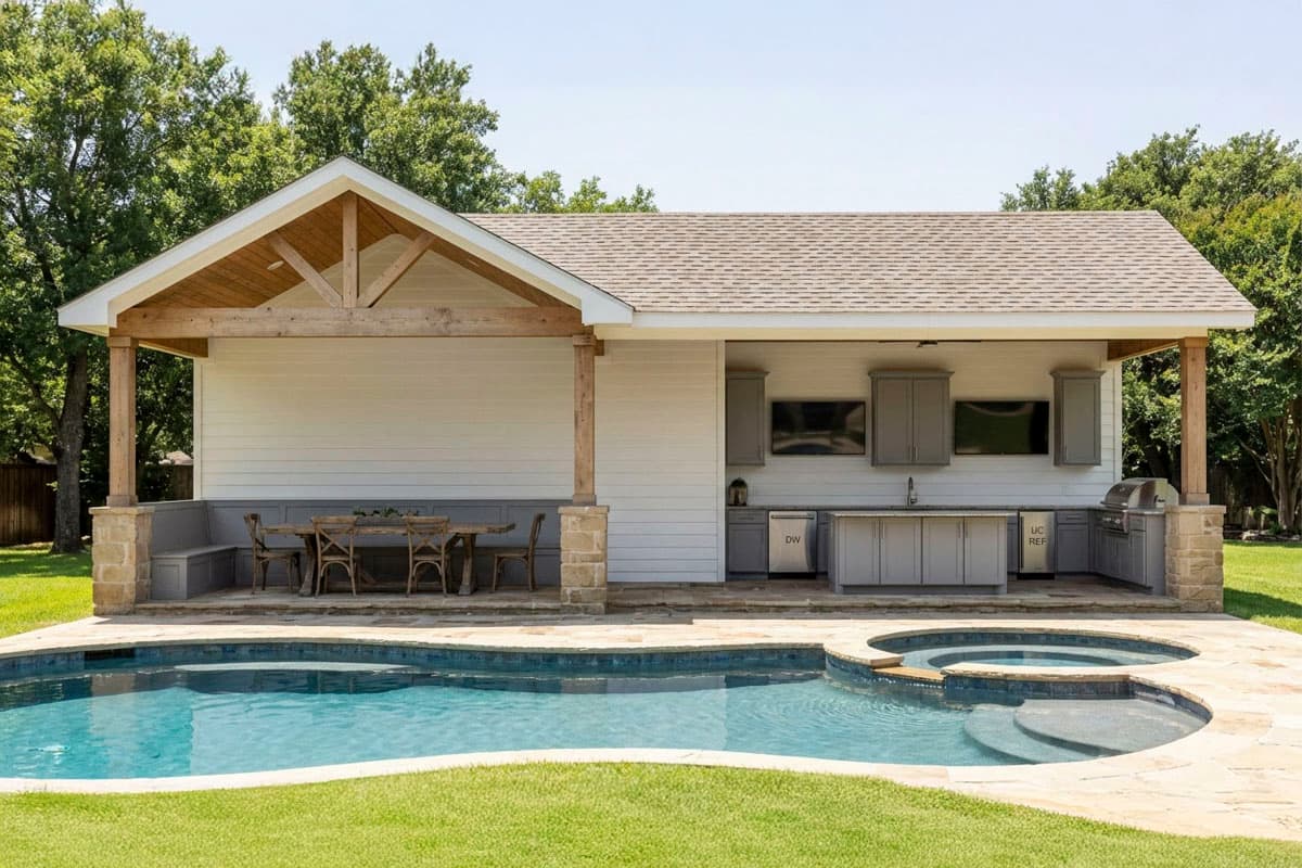 Outdoor kitchen with dining area, grill, and built-in seating. Gable roof with exposed beams over open pavilion.