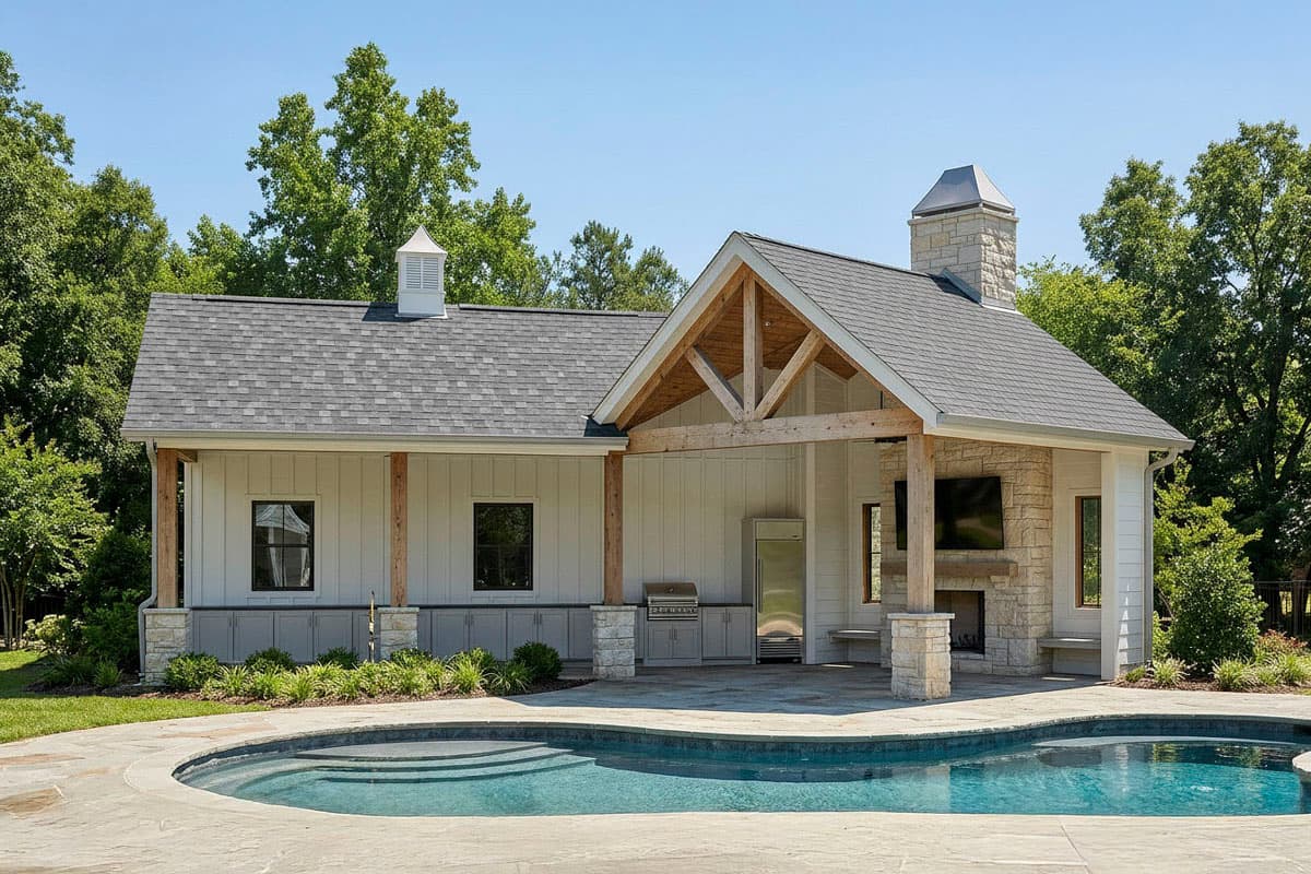 A luxury pool house with a pool in the foreground. It features an outdoor kitchen, fireplace, and a TV. The design is modern farmhouse style.