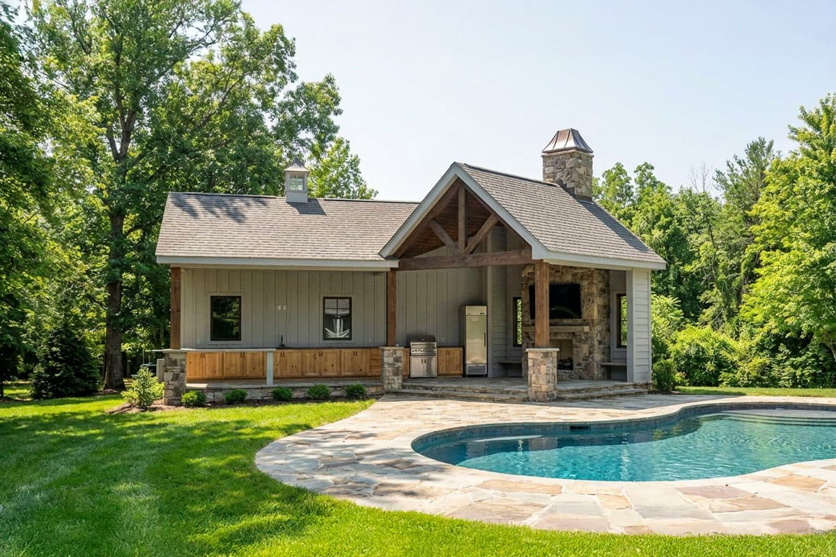 House plan exterior with exposed rafter roof framing, stone chimney, outdoor kitchen, and covered patio.