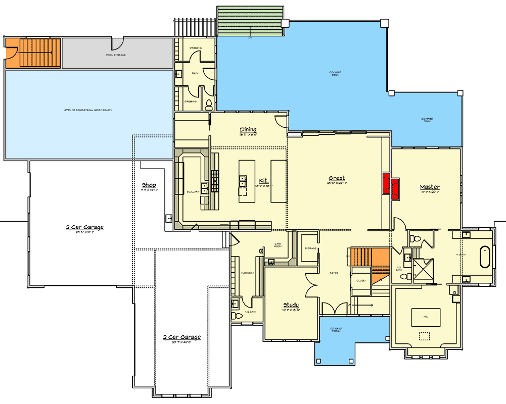 Plan 910123WHD: 6-Bedroom Modern Farmhouse House Plan with Sport Court and 4-Car Garage - Floor Plan - Main Level - Modern Farmhouse, New American, Transitional