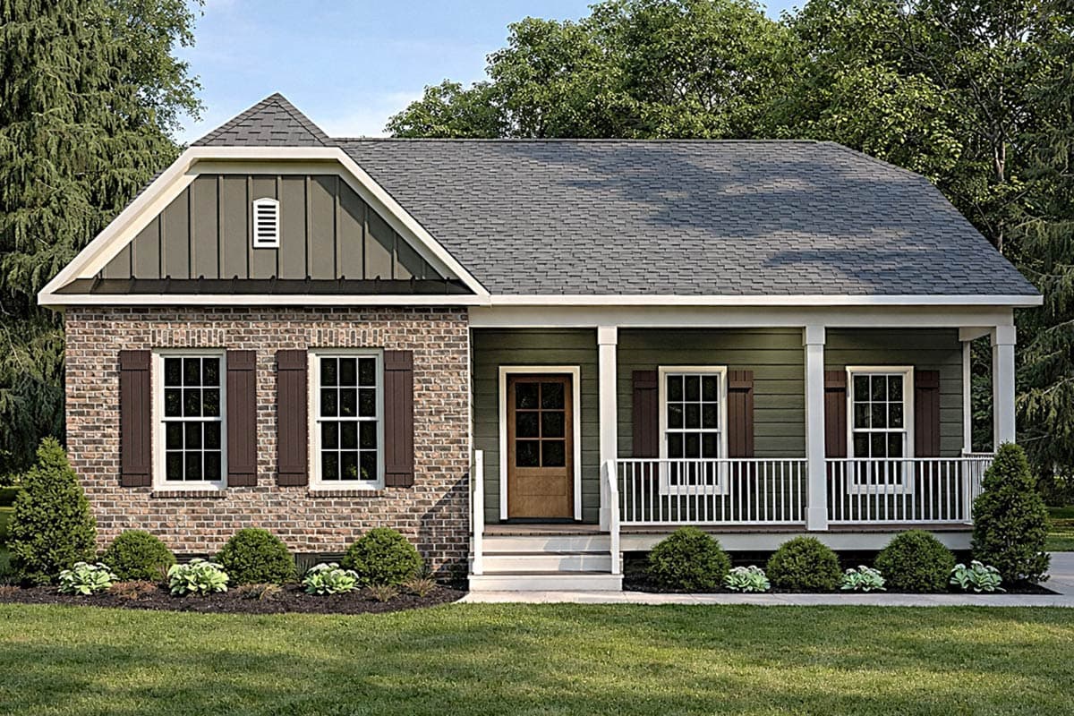 A craftsman-style house with brick and olive green siding. It has a front porch with white railing, brown shutters, and manicured landscaping.