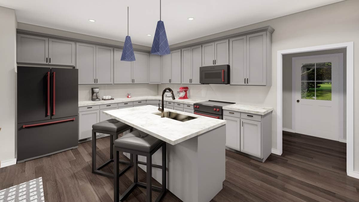 Modern kitchen interior with gray cabinets, white quartz island with sink, black appliances, and dark wood flooring. Doorway to exterior visible.