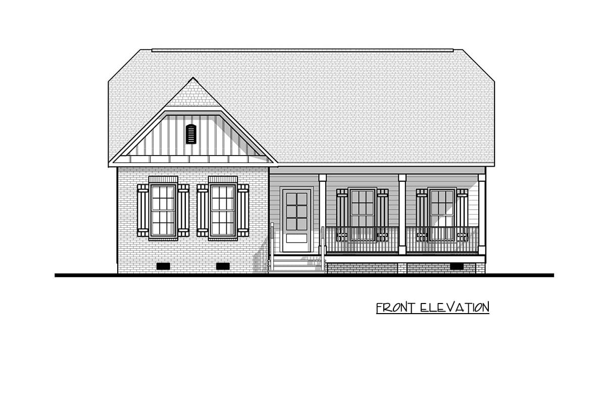 Front elevation house plan with brick lower level, front porch with columns, gabled dormer, and multiple windows.