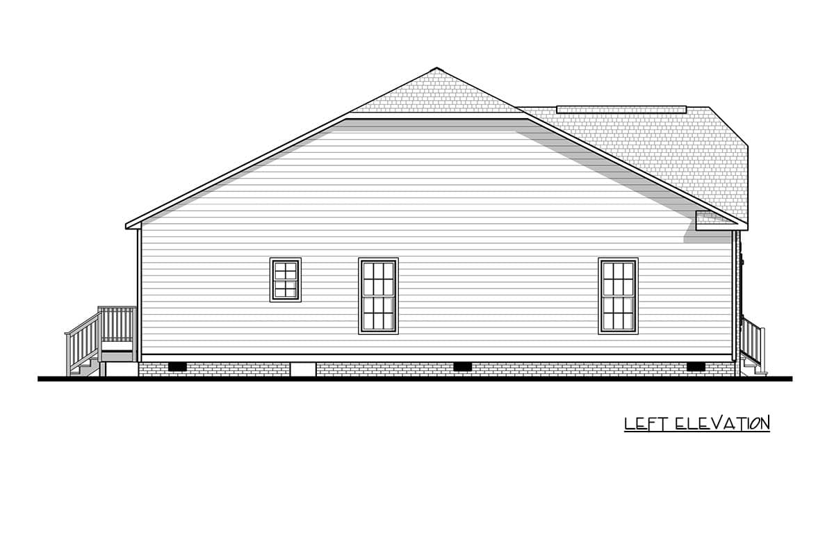 Left elevation of a house plan showing a gable roof, vinyl siding, and three windows.