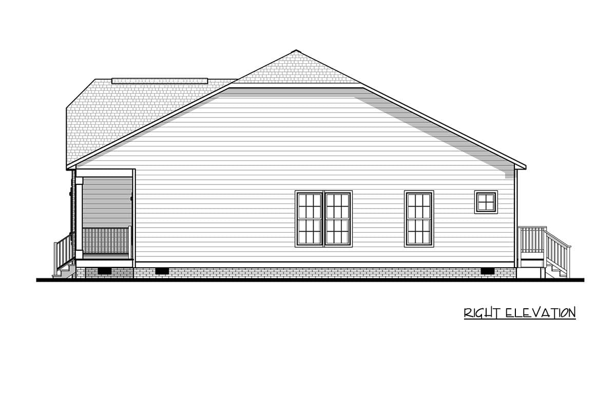 Right elevation house plan shows a single-story home with a front porch, vinyl siding, and three windows.