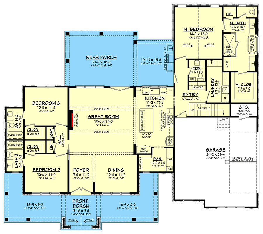 Plan 52027HZ: Transitional Southern Farmhouse House Plan with Outdoor Kitchen and Bonus - Floor Plan - Main Level - Southern, Southern Traditional, Transitional