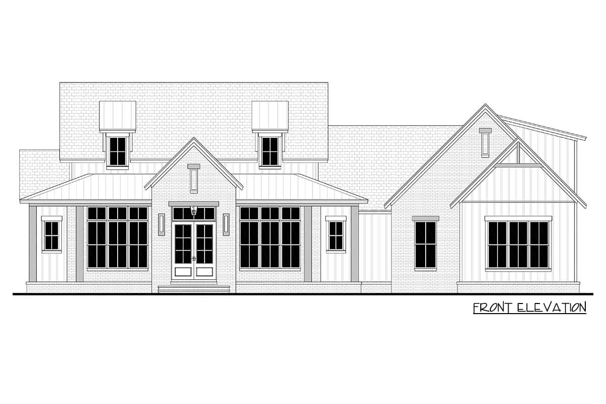 House plan exterior front elevation. Features include gabled rooflines, multiple dormers, and a covered porch with double door entry.