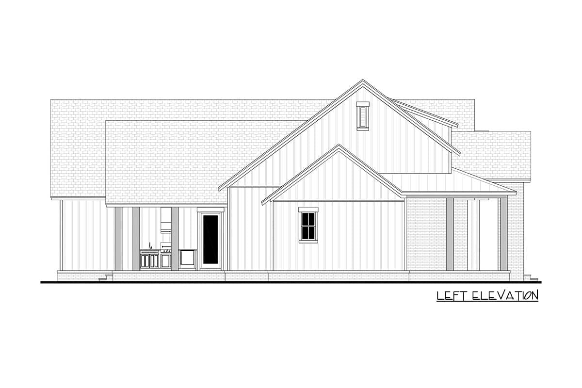 House plan exterior. Features include gabled roof, porch with columns, and board-and-batten siding. Shows left elevation view.