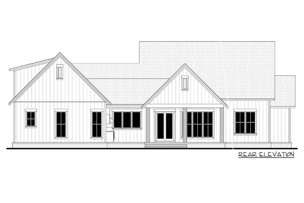 House plan rear elevation, featuring a gabled roof, multiple dormers, and a covered porch. Board and batten siding is visible.