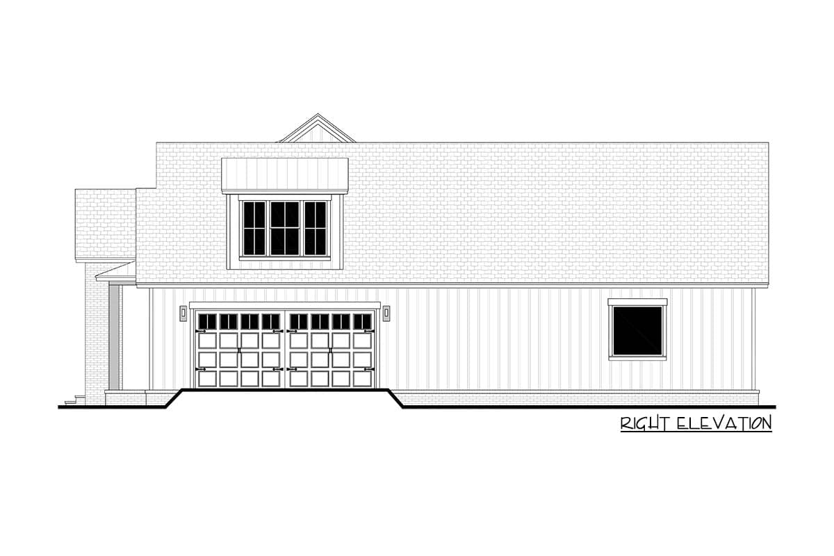 House plan exterior, right elevation, with gabled roof, garage door, and a dormer above the garage door. Vertical siding visible.