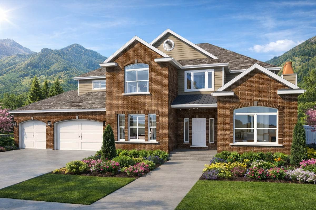 A two-story brick house with a well-manicured lawn and colorful flower beds. The backdrop features mountains and a clear, sunny sky.