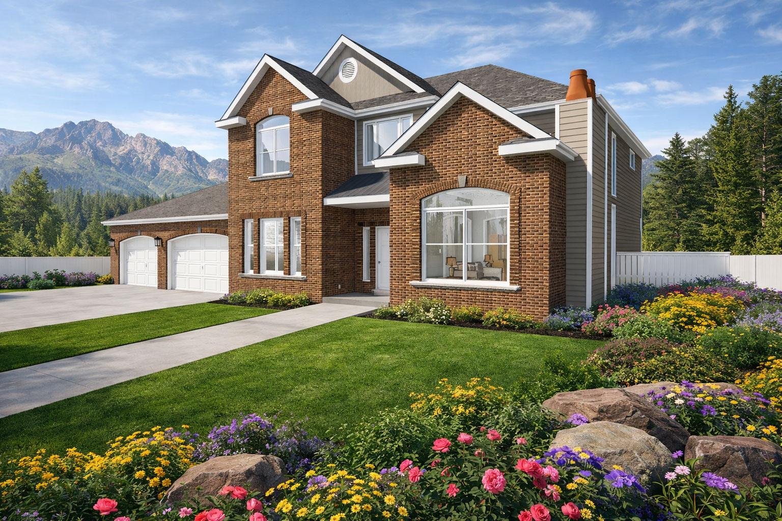 House plan exterior: two-story brick home with a three-car garage, arched windows, and prominent gables.