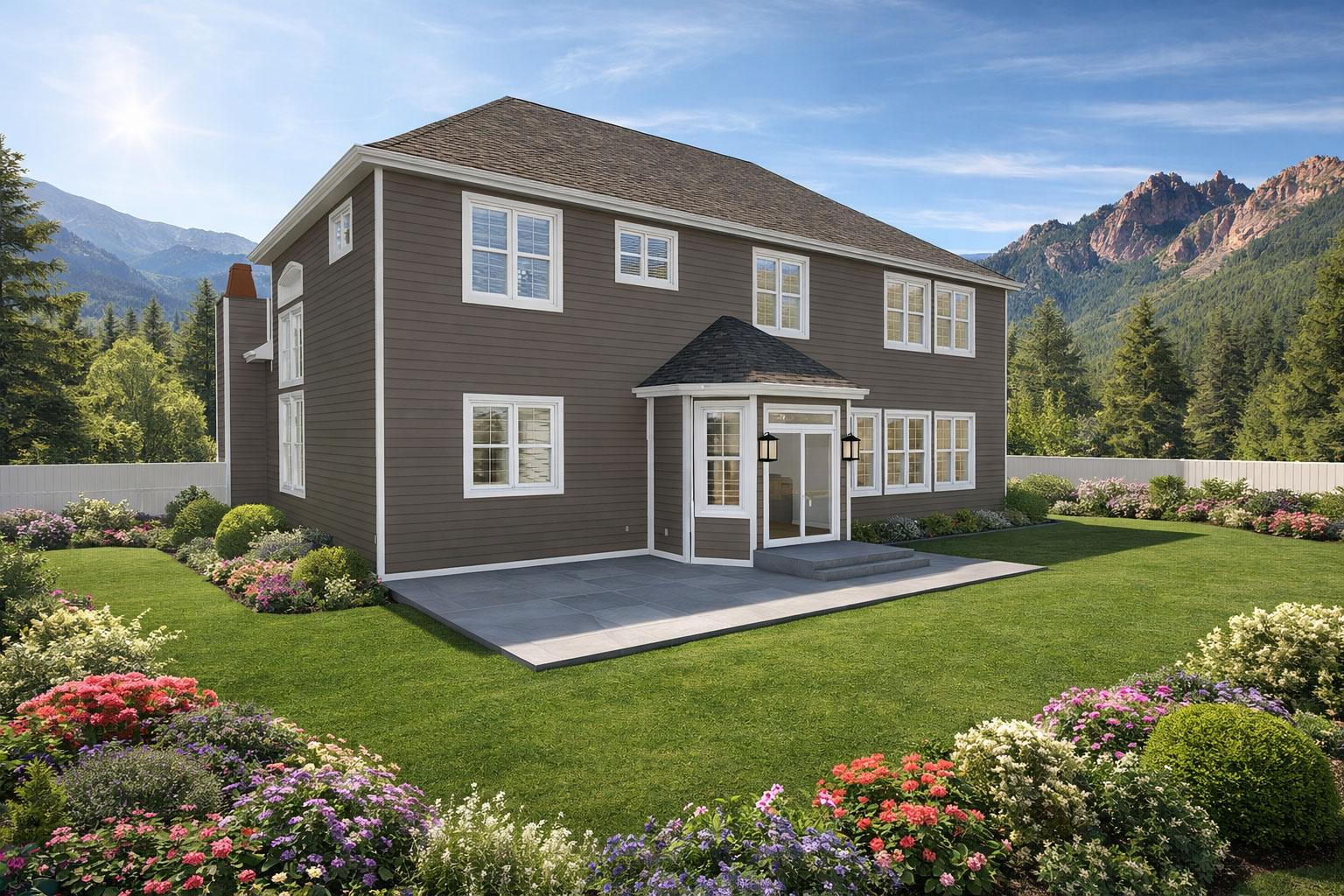 House plan exterior: Two-story home with siding, multiple windows, a peaked entryway, and a large patio.