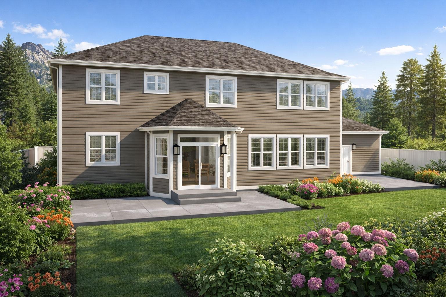 Two-story house plan exterior with vinyl siding, multiple windows, and a bayed entrance with a gabled roof.