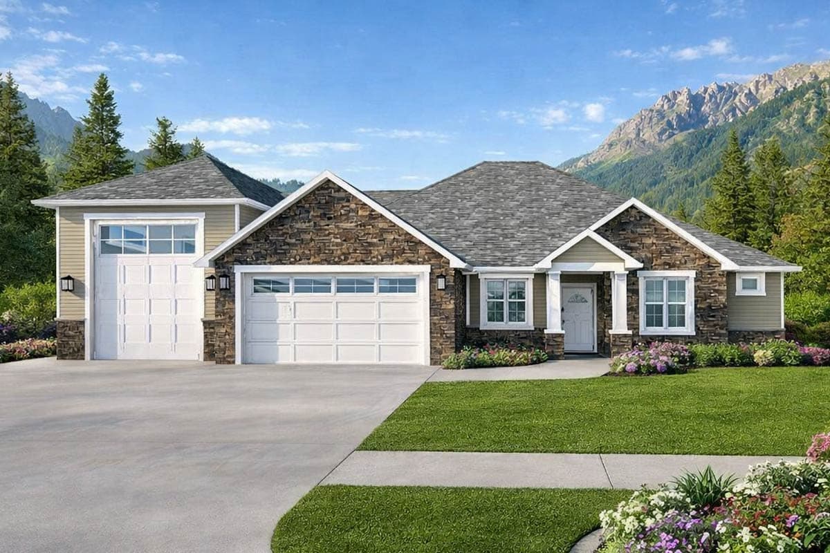 A house with stone accents and a white garage, nestled against a backdrop of mountains and a partly cloudy blue sky. Green lawn and flowers.