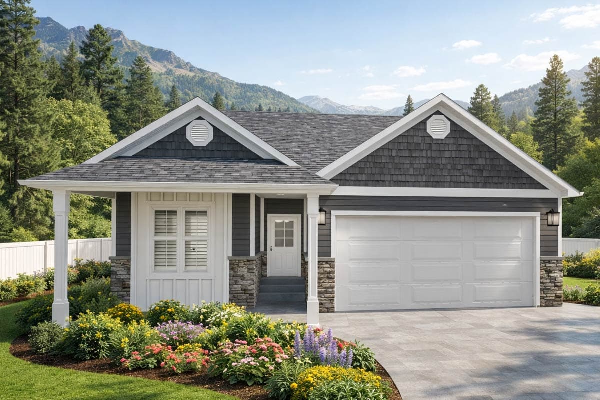 A modern, gray-sided house with a white garage door, nestled against a backdrop of mountains and trees. Colorful flowers line the front yard.