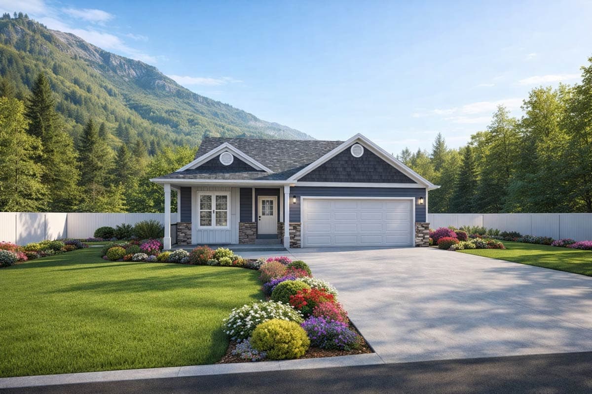 House plan exterior: One-story Modern Farmhouse with shingle siding, stone accents, covered entry porch, and attached two-car garage.