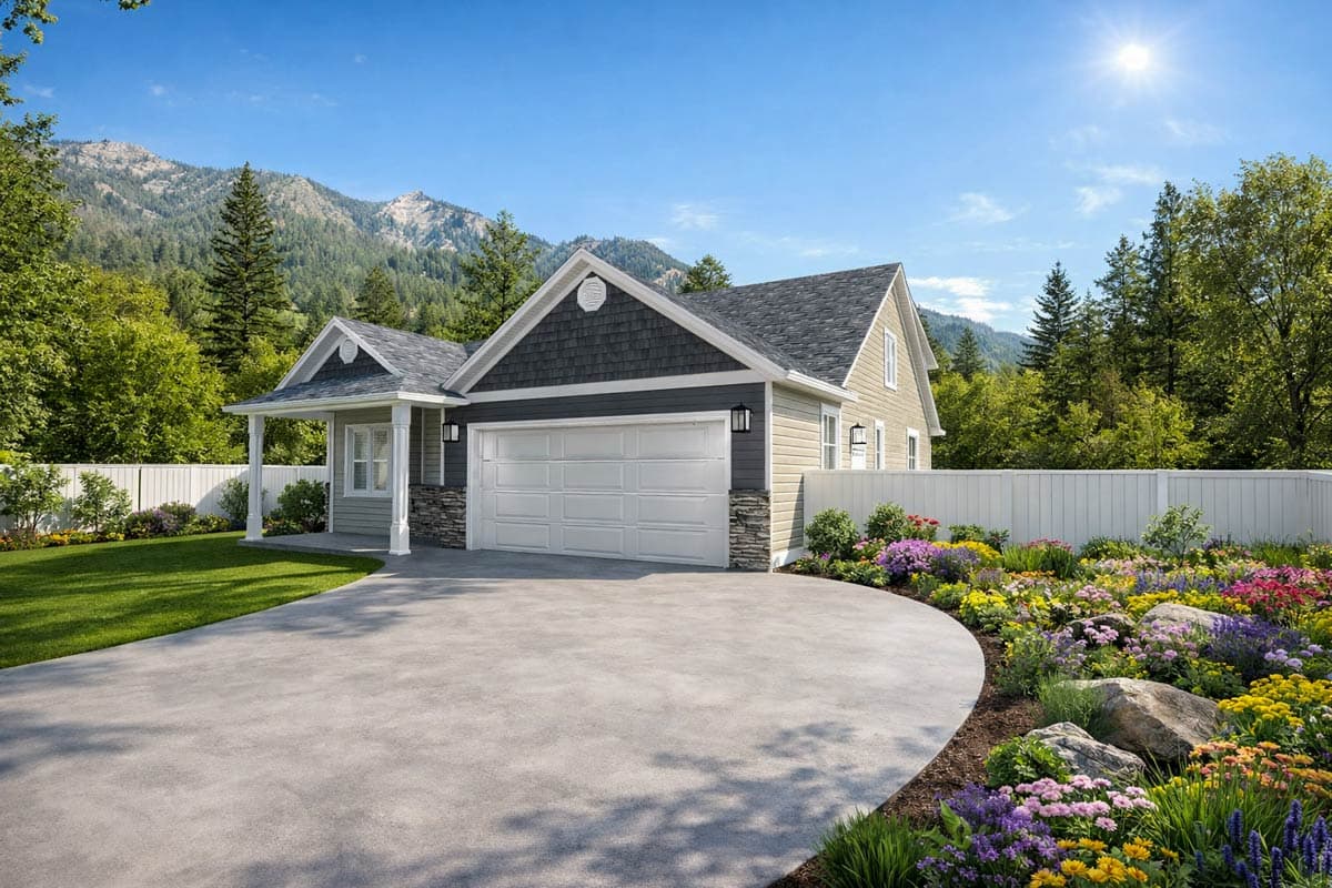 House plan exterior: One-story modern farmhouse with attached garage, gable, dormer, stone accents, and covered porch.