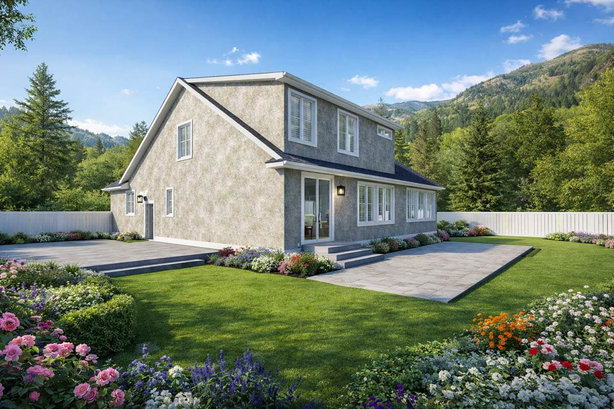 House plan exterior, two stories, stucco finish, gabled roof, multiple windows, front entry, side patio.