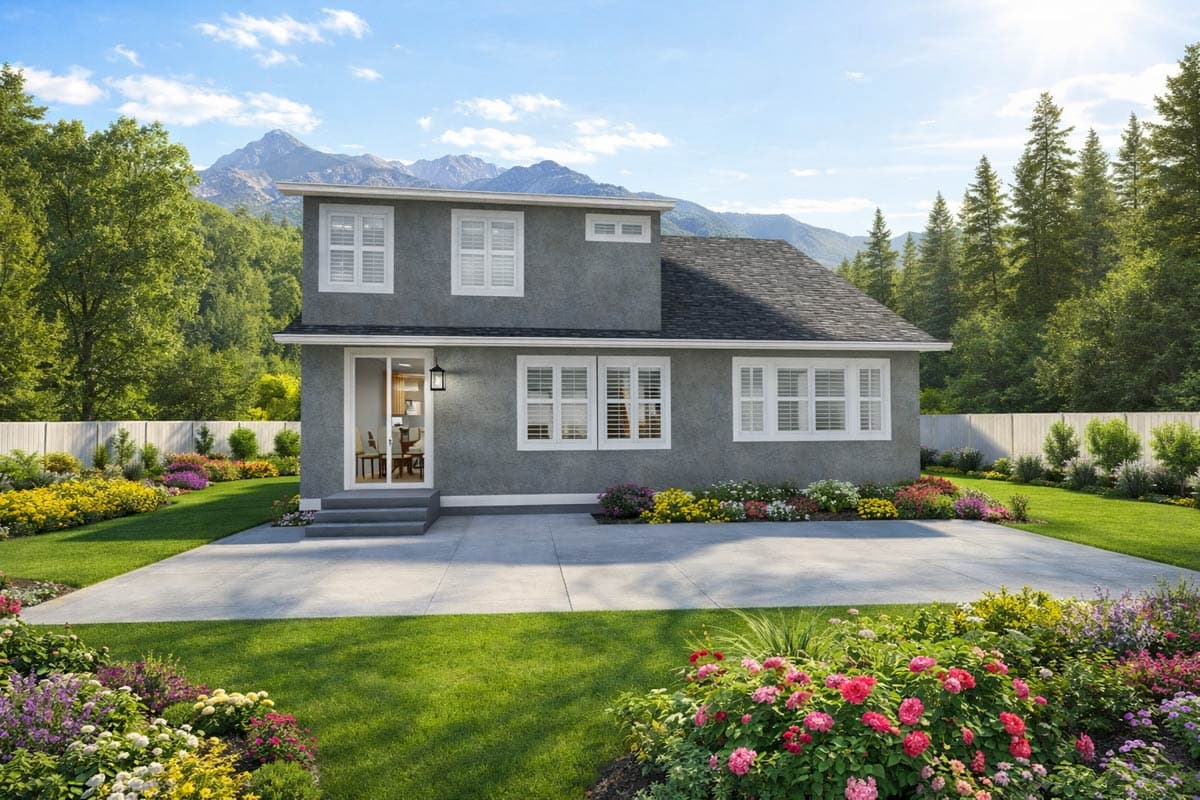 House plan exterior: Two-story modern house with a pitched roof, stucco siding, multiple double-hung windows, and a glass patio door.