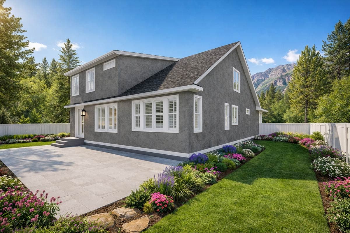 Two-story house plan exterior with stucco finish, gabled roof, and large white-trimmed windows.