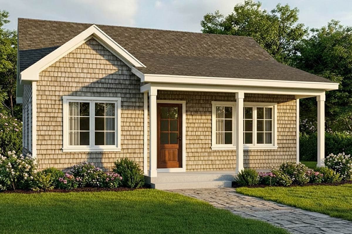 A charming cottage-style house with wood shingle siding, a small porch, and a brown door. Landscaping includes green lawn and shrubs.