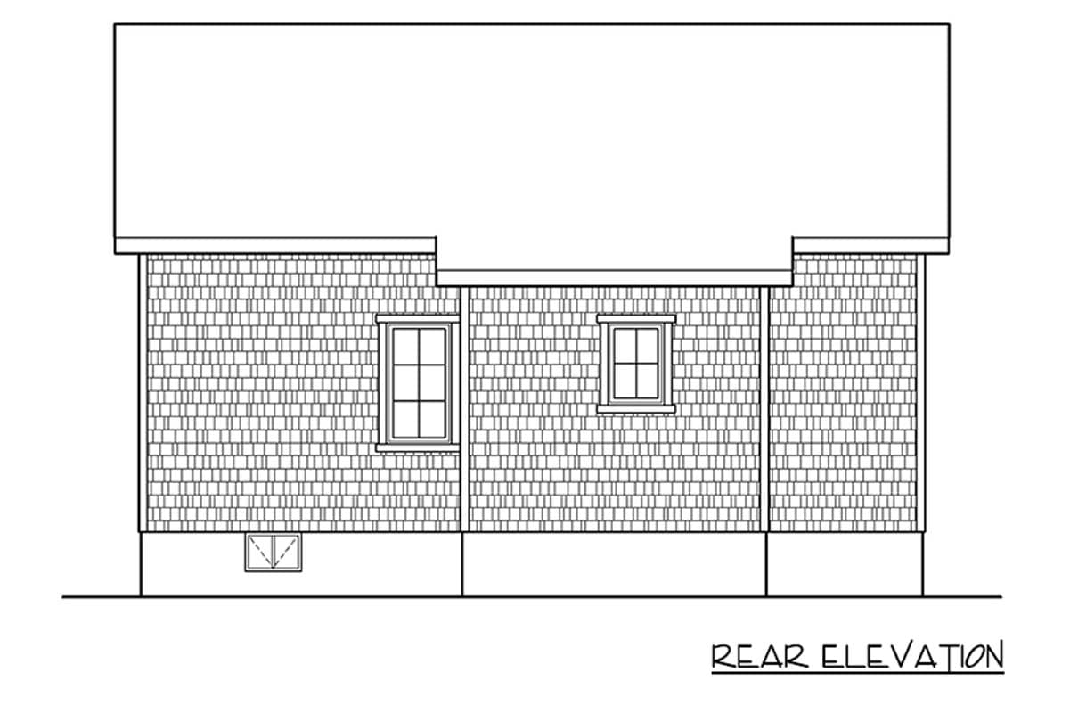 Rear elevation of a house plan featuring shingle siding, two windows, and a small basement window.