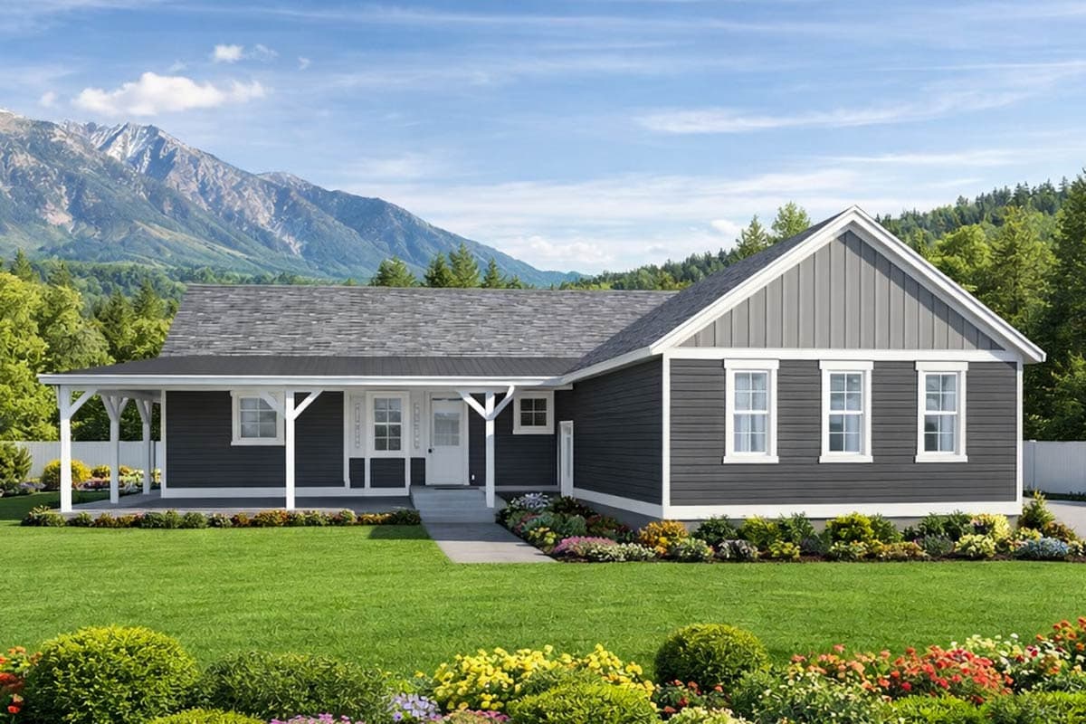 A dark grey house with a porch and white trim set against a backdrop of mountains, trees, and a blue sky, on a sunny day.