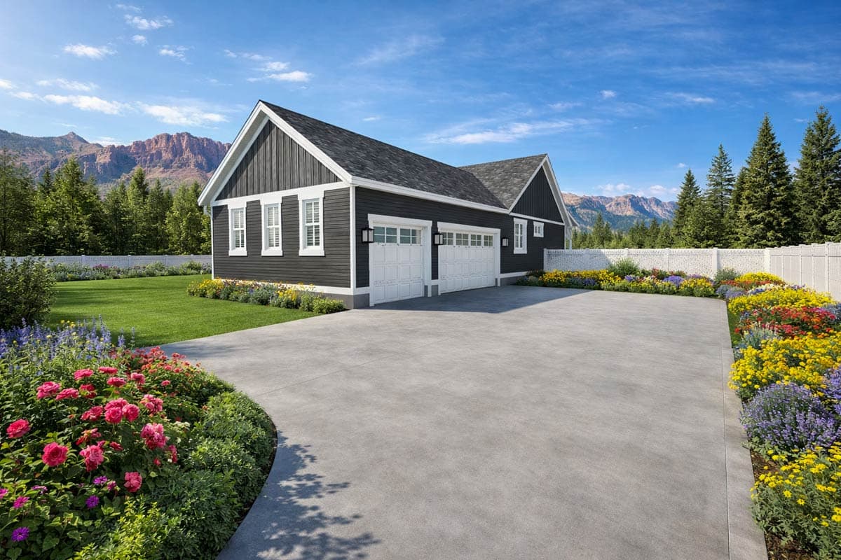 House plan exterior: Traditional style garage with vertical siding, gabled roof, and three overhead doors.