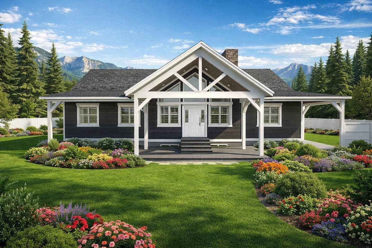 House plan exterior of a one-story home with a prominent gabled entrance, covered porch, and stone chimney.