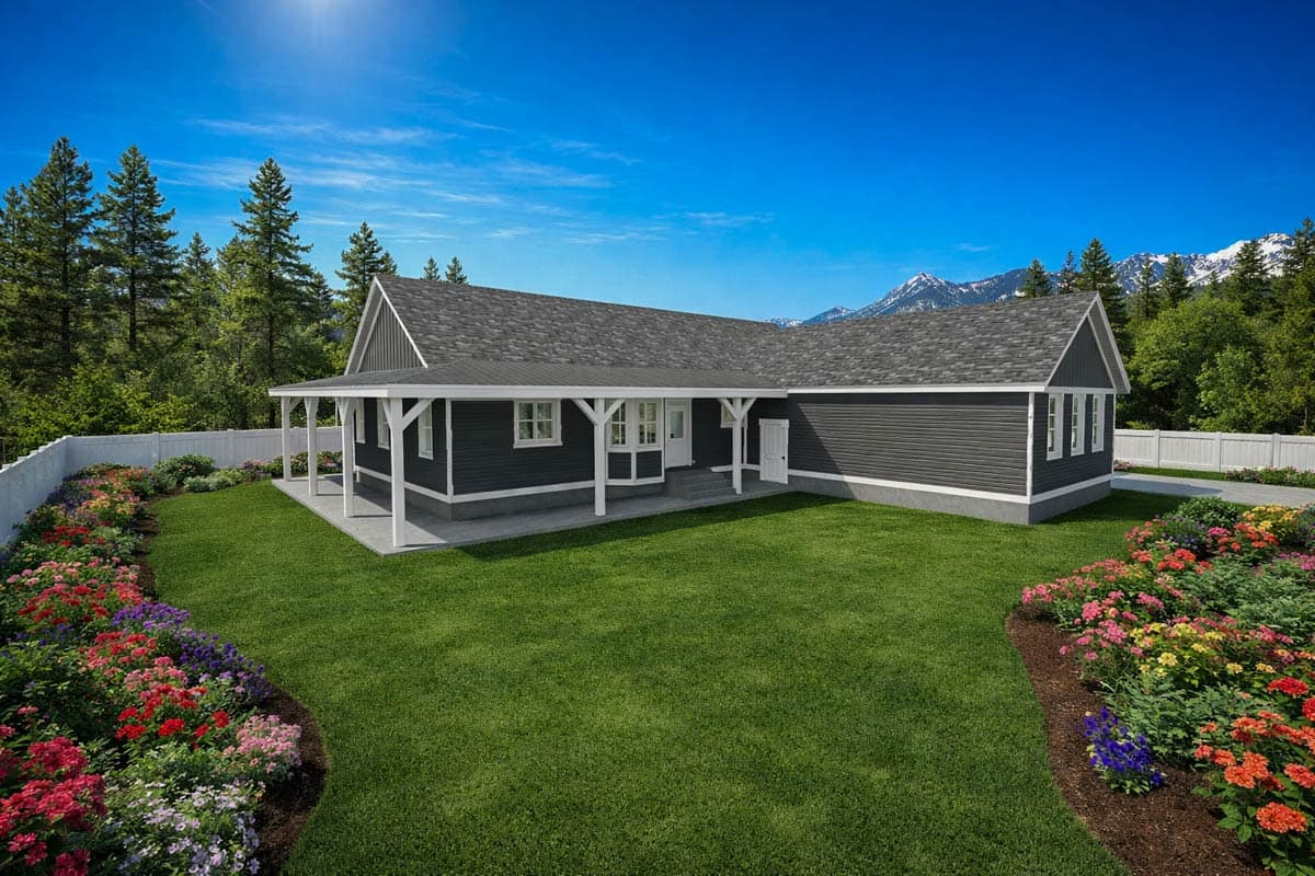 House plan exterior: single-story home with covered porch, gabled roof, and dark siding.